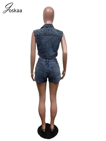 Flower Printed Stretch Blue Denim 2 Piece Short and Vest Shirt Set - Browsglamour