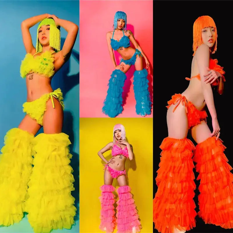 Fluorescent Costume for Stage: Sexy Nightclub Bar Party Go-Go Dance Performance Attire Including Pink Bikini, Puffy Foot Covers, and Wig Outfit. Browsglamour