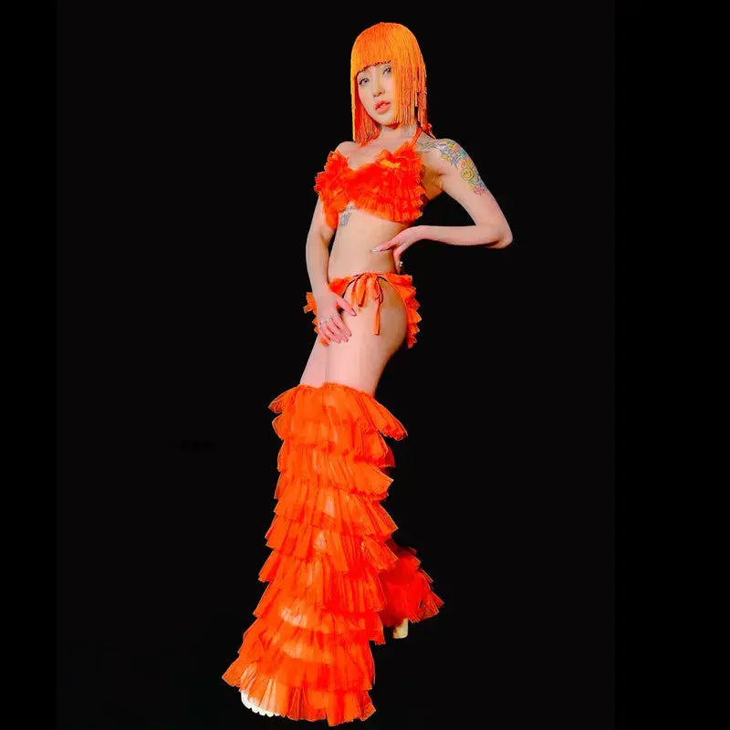 Fluorescent Costume for Stage: Sexy Nightclub Bar Party Go-Go Dance Performance Attire Including Pink Bikini, Puffy Foot Covers, and Wig Outfit. Browsglamour