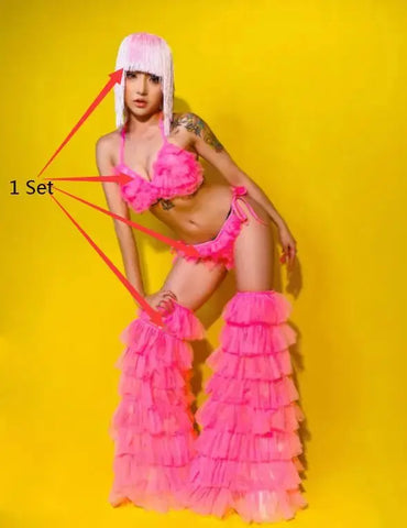 Fluorescent Costume for Stage: Sexy Nightclub Bar Party Go-Go Dance Performance Attire Including Pink Bikini, Puffy Foot Covers, and Wig Outfit. Browsglamour