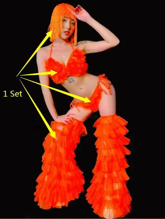 Fluorescent Costume for Stage: Sexy Nightclub Bar Party Go-Go Dance Performance Attire Including Pink Bikini, Puffy Foot Covers, and Wig Outfit. Browsglamour