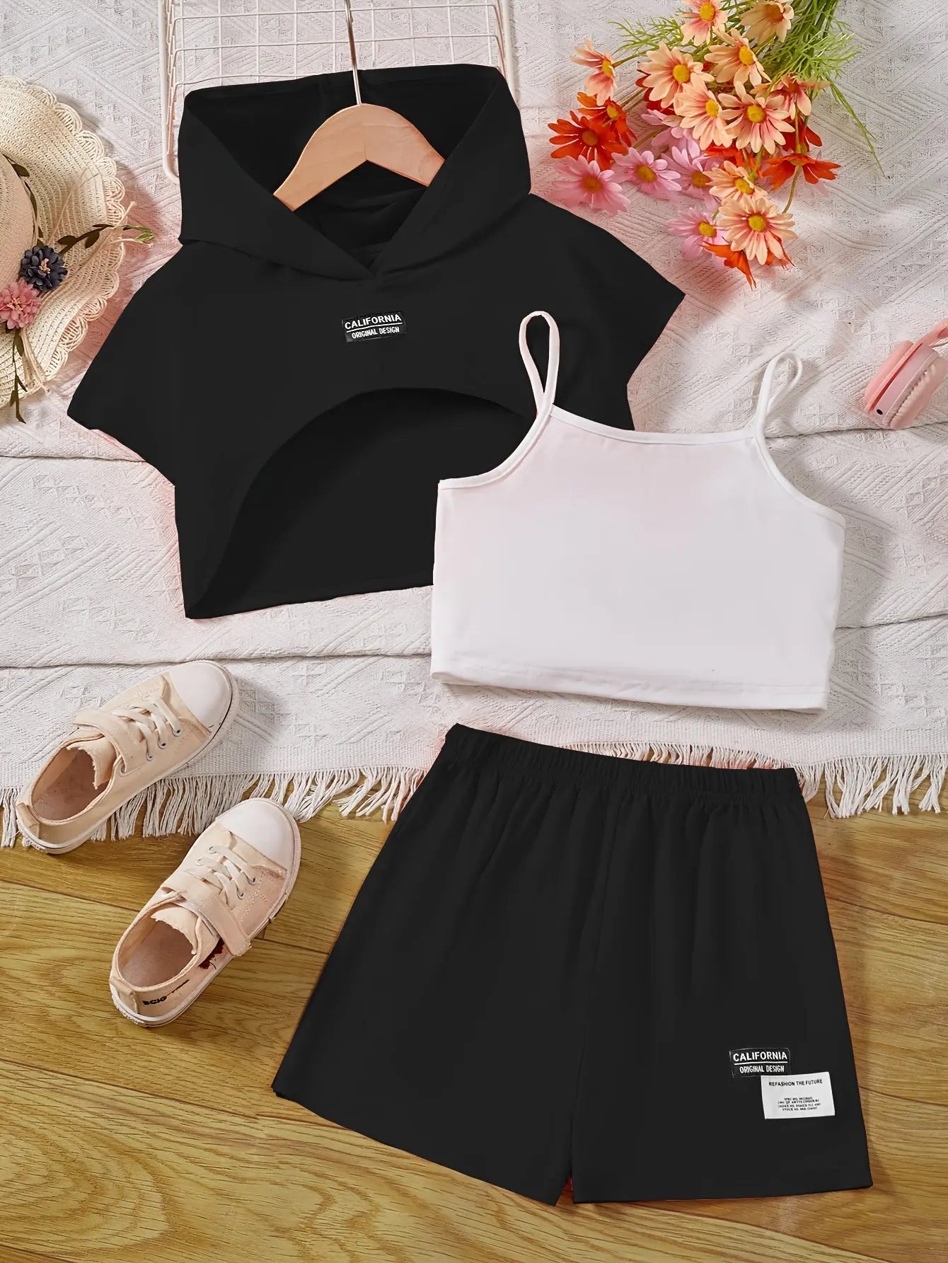 Girl's Stylish 3pcs, Hooded T-shirt & Camisole & Shorts Set, CALIFORNIA Patched Short Sleeve Top, Casual Outfits, Kids Clothes For Summer Browsglamour