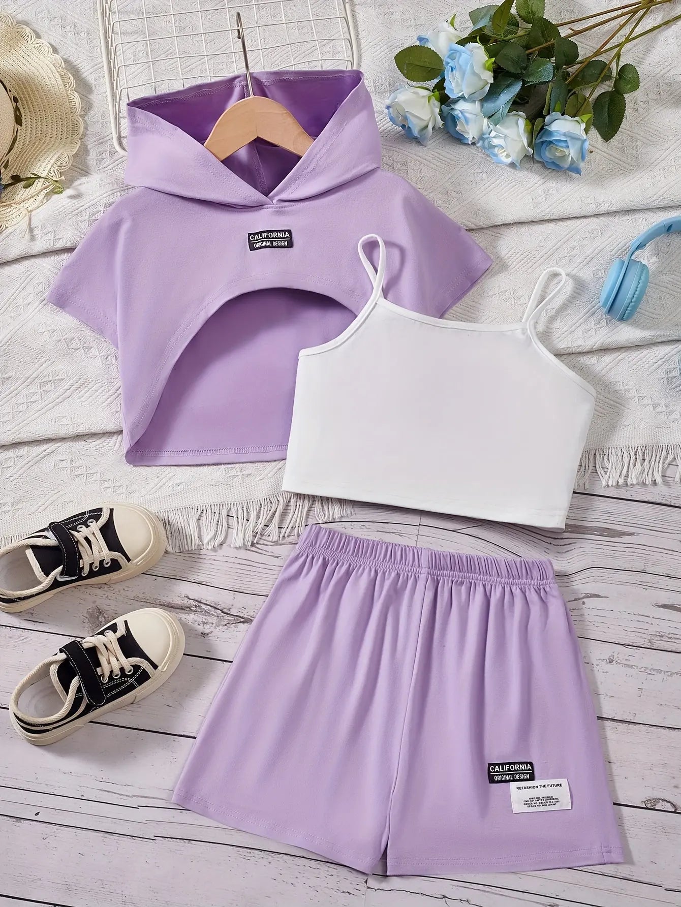 Girl's Stylish 3pcs, Hooded T-shirt & Camisole & Shorts Set, CALIFORNIA Patched Short Sleeve Top, Casual Outfits, Kids Clothes For Summer Browsglamour