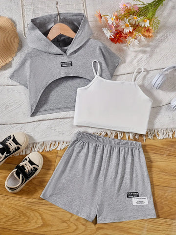 Girl's Stylish 3pcs, Hooded T-shirt & Camisole & Shorts Set, CALIFORNIA Patched Short Sleeve Top, Casual Outfits, Kids Clothes For Summer Browsglamour