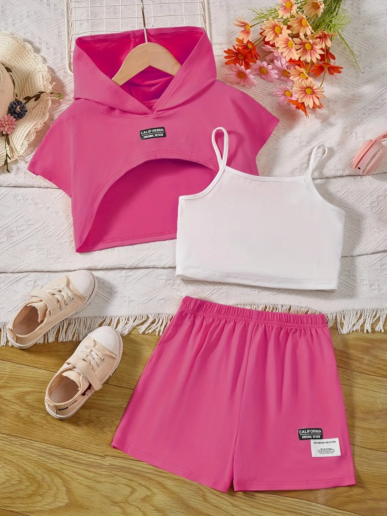 Girl's Stylish 3pcs, Hooded T-shirt & Camisole & Shorts Set, CALIFORNIA Patched Short Sleeve Top, Casual Outfits, Kids Clothes For Summer Browsglamour