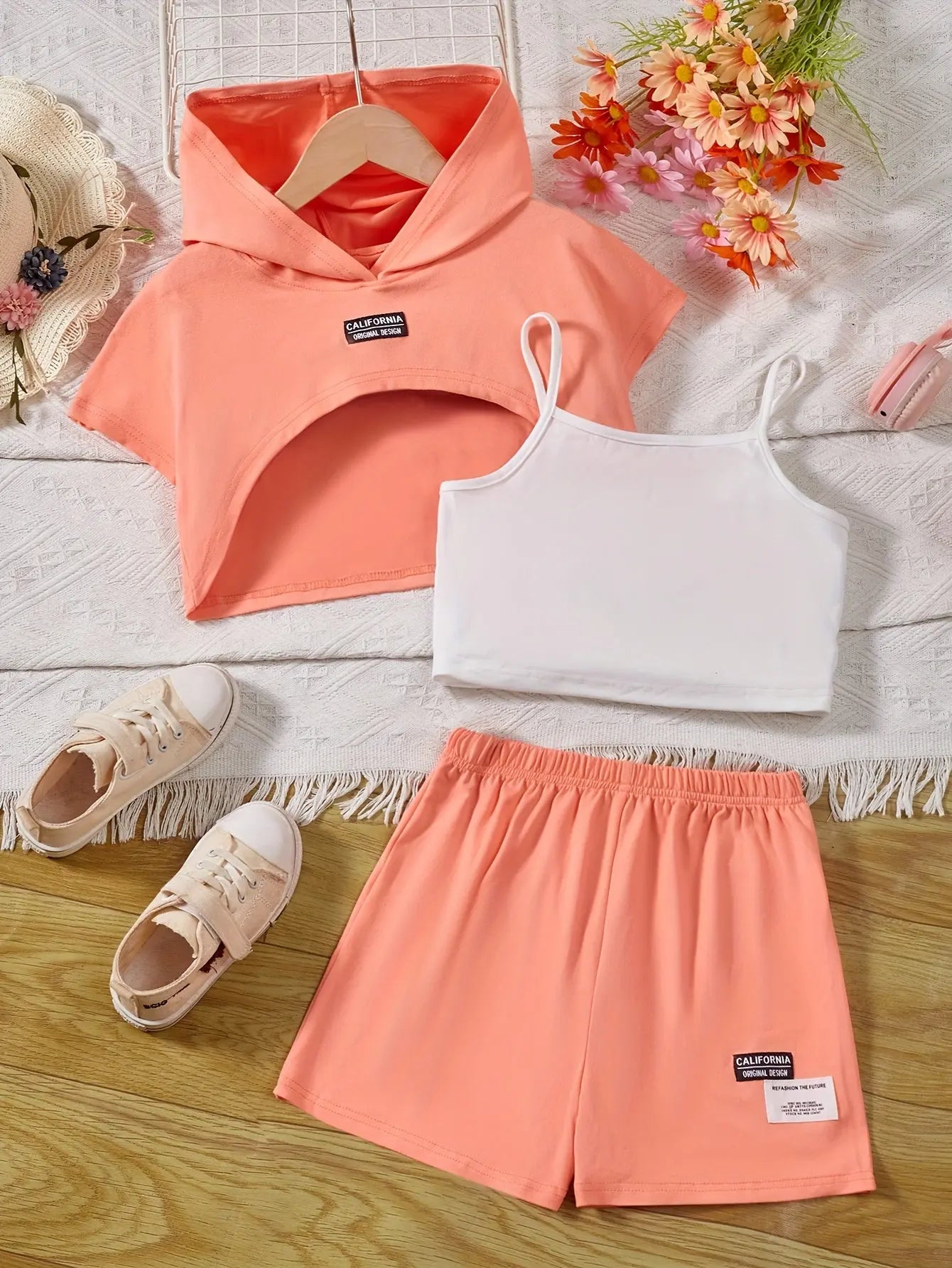 Girl's Stylish 3pcs, Hooded T-shirt & Camisole & Shorts Set, CALIFORNIA Patched Short Sleeve Top, Casual Outfits, Kids Clothes For Summer Browsglamour