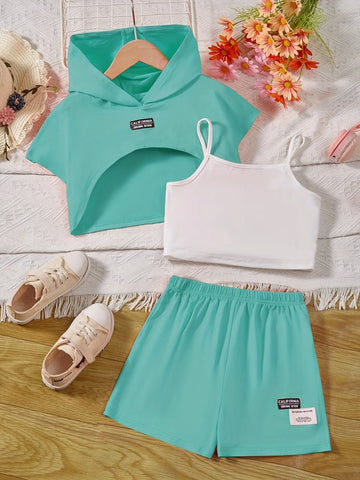 Girl's Stylish 3pcs, Hooded T-shirt & Camisole & Shorts Set, CALIFORNIA Patched Short Sleeve Top, Casual Outfits, Kids Clothes For Summer Browsglamour