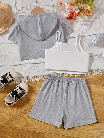 Girl's Stylish 3pcs, Hooded T-shirt & Camisole & Shorts Set, CALIFORNIA Patched Short Sleeve Top, Casual Outfits, Kids Clothes For Summer Browsglamour