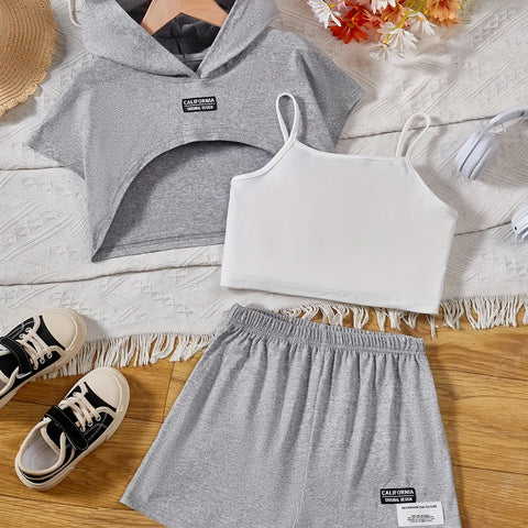 Girl's Stylish 3pcs, Hooded T-shirt & Camisole & Shorts Set, CALIFORNIA Patched Short Sleeve Top, Casual Outfits, Kids Clothes For Summer - Browsglamour