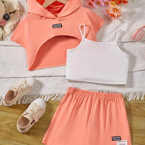 Girl's Stylish 3pcs, Hooded T-shirt & Camisole & Shorts Set, CALIFORNIA Patched Short Sleeve Top, Casual Outfits, Kids Clothes For Summer - Browsglamour