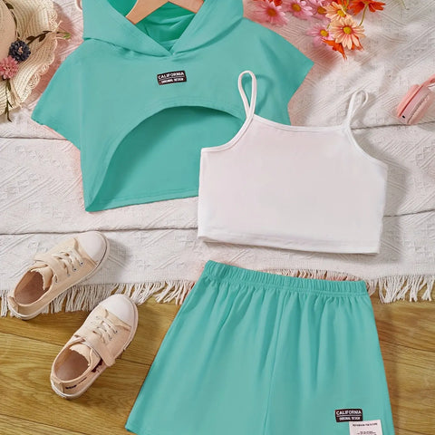 Girl's Stylish 3pcs, Hooded T-shirt & Camisole & Shorts Set, CALIFORNIA Patched Short Sleeve Top, Casual Outfits, Kids Clothes For Summer - Browsglamour