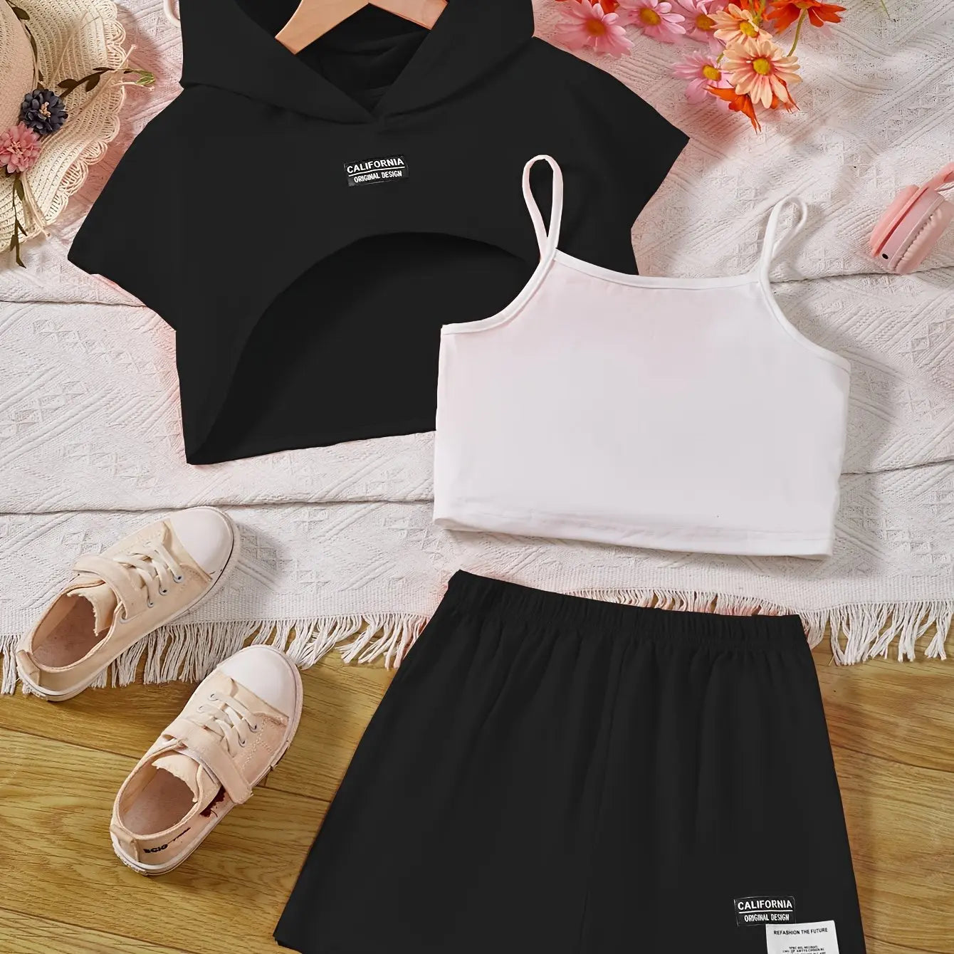 Girl's Stylish 3pcs, Hooded T-shirt & Camisole & Shorts Set, CALIFORNIA Patched Short Sleeve Top, Casual Outfits, Kids Clothes For Summer - Browsglamour