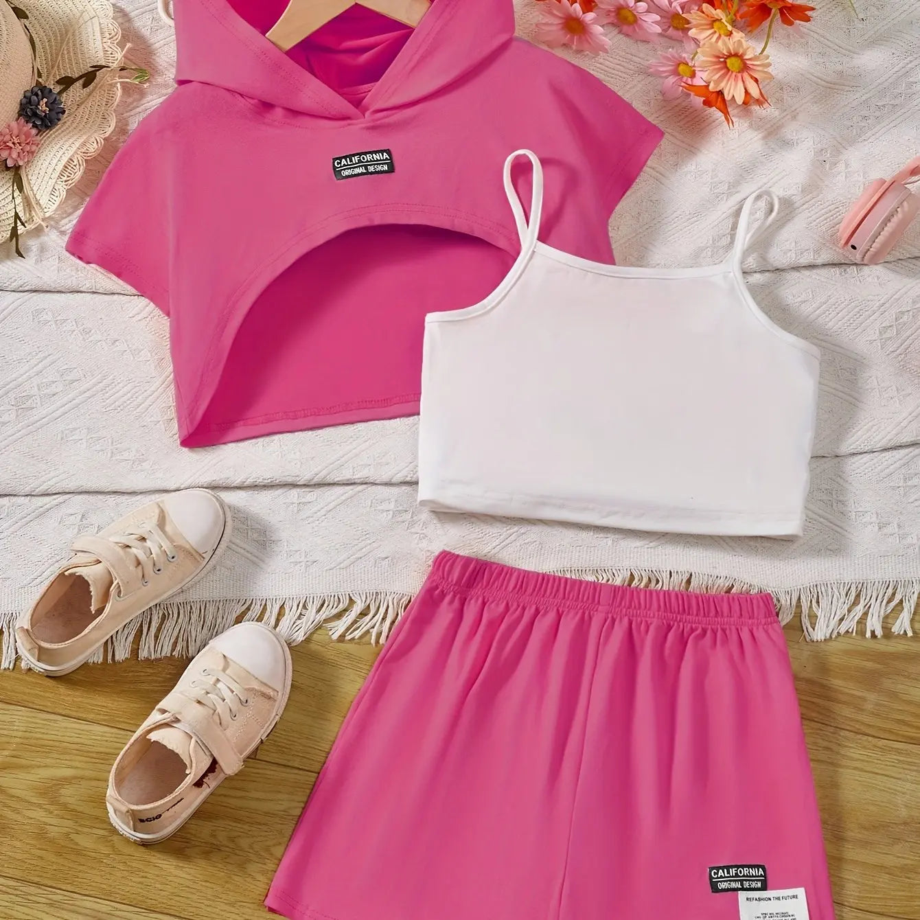 Girl's Stylish 3pcs, Hooded T-shirt & Camisole & Shorts Set, CALIFORNIA Patched Short Sleeve Top, Casual Outfits, Kids Clothes For Summer - Browsglamour