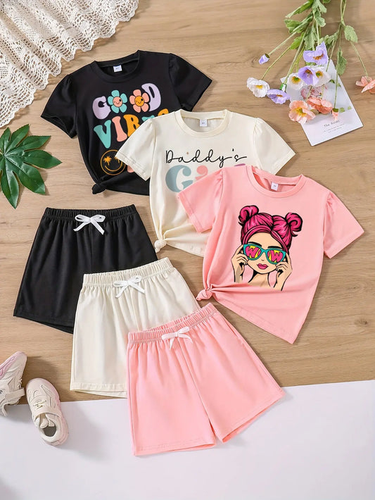 Girls 3 Sets, Good Vibes & Daddy's Girl & Cartoon Portrait Graphic Print Short Sleeve Tees & Shorts Browsglamour