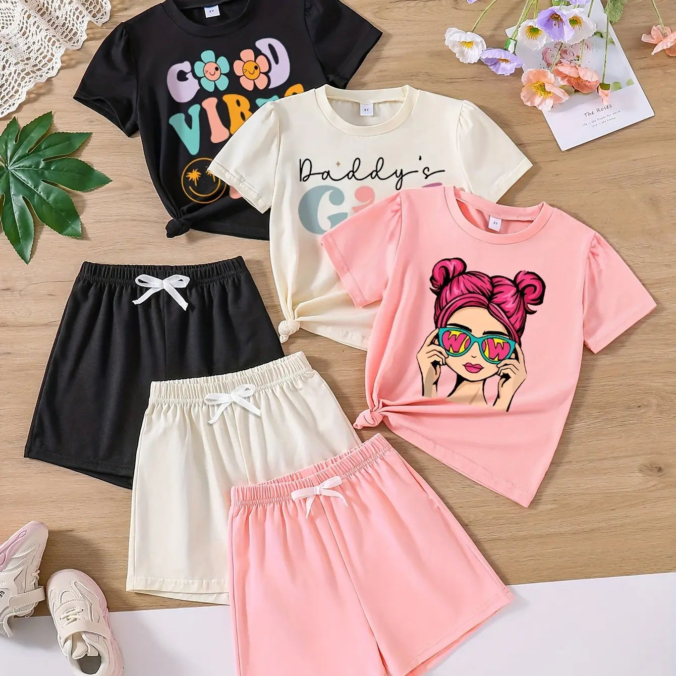 Girls 3 Sets, Good Vibes & Daddy's Girl & Cartoon Portrait Graphic Print Short Sleeve Tees & Shorts - Browsglamour