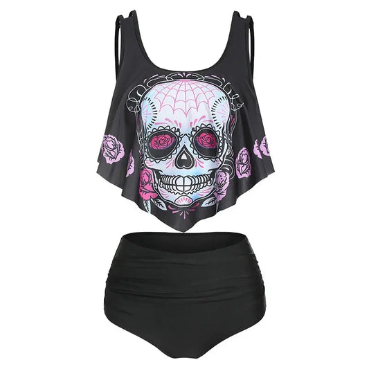 Gothic Skull Flower Print Flounce Tankini Set Swimsuit - Browsglamour