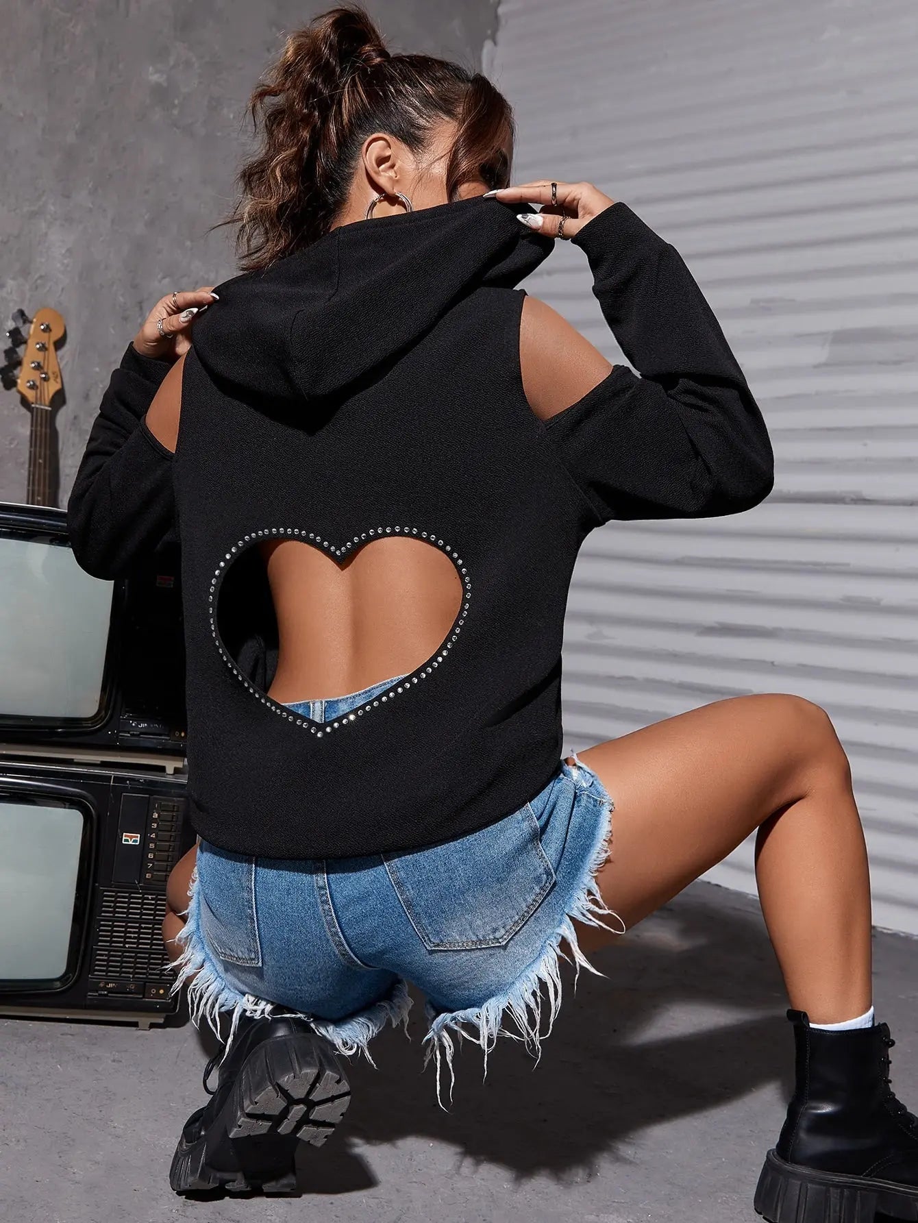 Heart Cut Out Back Rhinestone Detail Drawstring Hoodie - Browsglamour