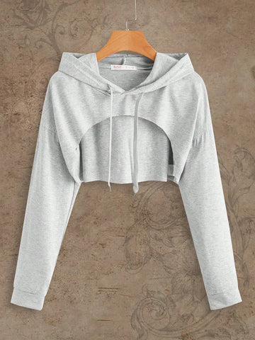 Heathered Knit Cutout Drawstring Hoodie - Browsglamour