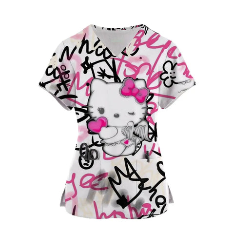 Hello Kitty 3D Print Sanrio Woman Scrub Tops - Browsglamour