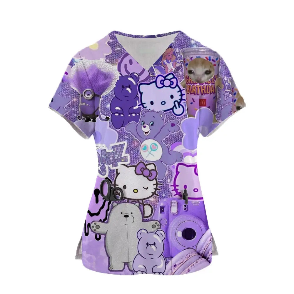 Hello Kitty 3D Print Sanrio Woman Scrub Tops - Browsglamour