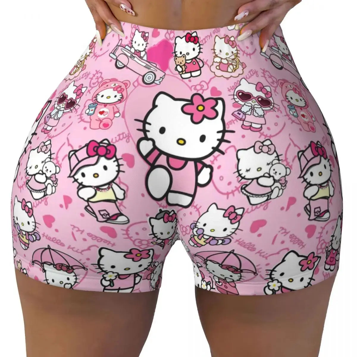 Hello Kitty Anime Cartoon Volleyball Biker Workout Shorts for Women Athletic Gym Yoga Shorts - Browsglamour