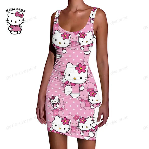 Hello Kitty Print Ruffle O-Neck Short Club Bodycon Dress - Browsglamour