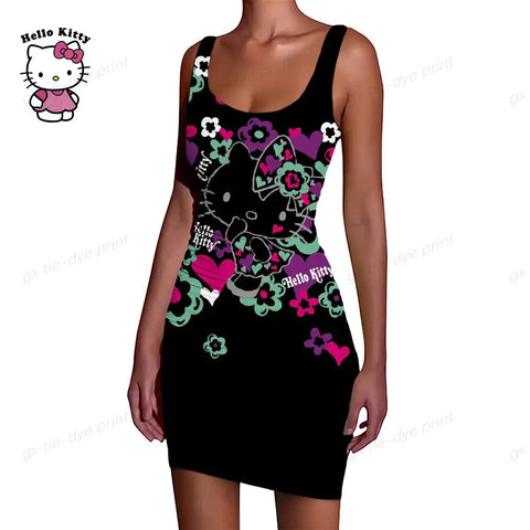 Hello Kitty Print Ruffle O-Neck Short Club Bodycon Dress - Browsglamour