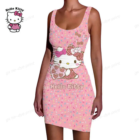 Hello Kitty Print Ruffle O-Neck Short Club Bodycon Dress - Browsglamour