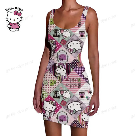 Hello Kitty Print Ruffle O-Neck Short Club Bodycon Dress - Browsglamour