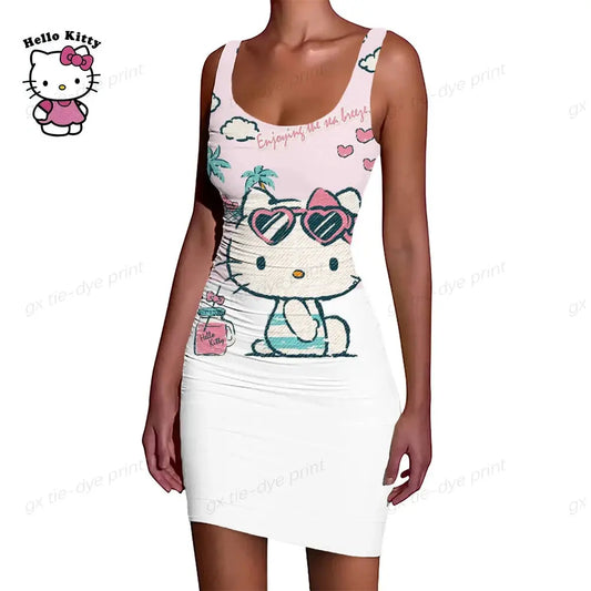 Hello Kitty Print Ruffle O-Neck Short Club Bodycon Dress - Browsglamour