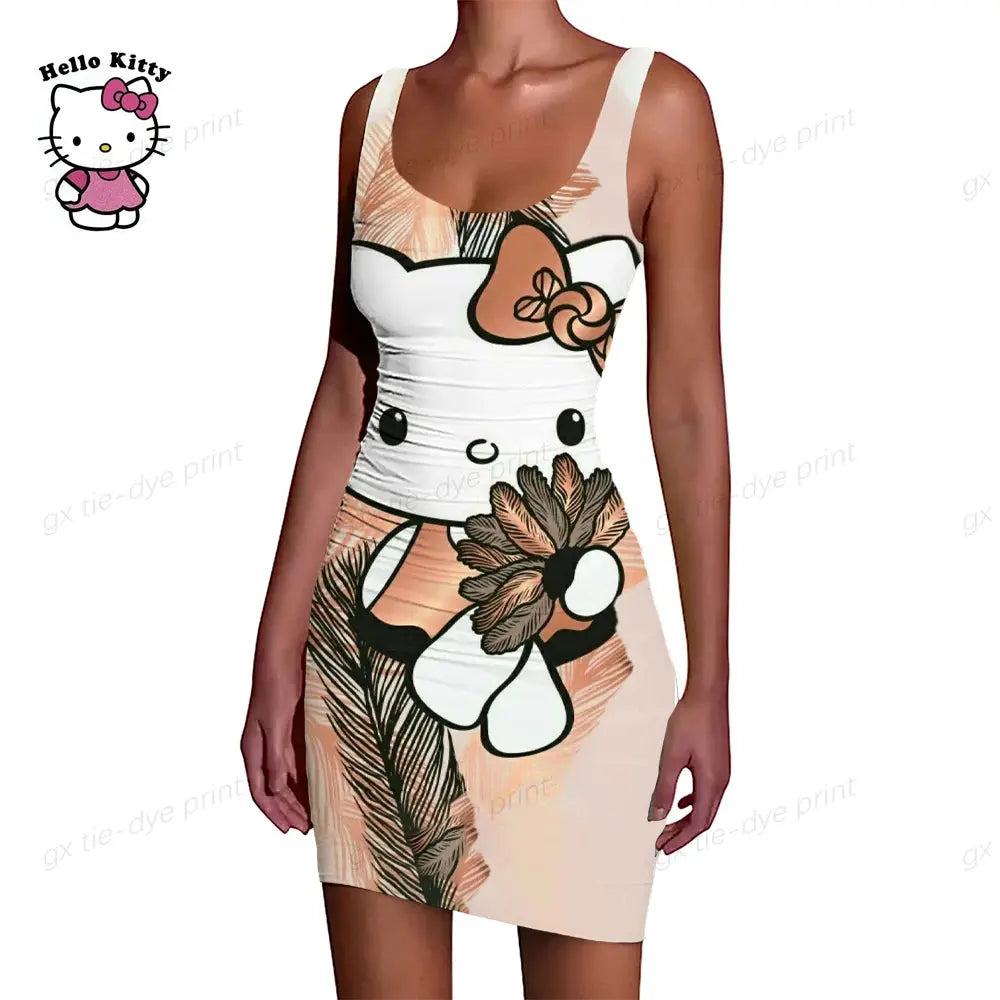 Hello Kitty Print Ruffle O-Neck Short Club Bodycon Dress - Browsglamour