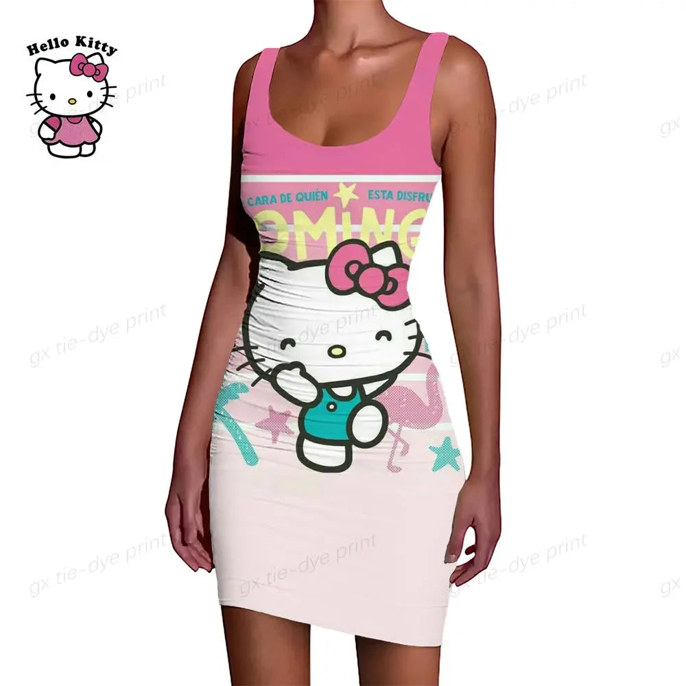 Hello Kitty Print Ruffle O-Neck Short Club Bodycon Dress - Browsglamour