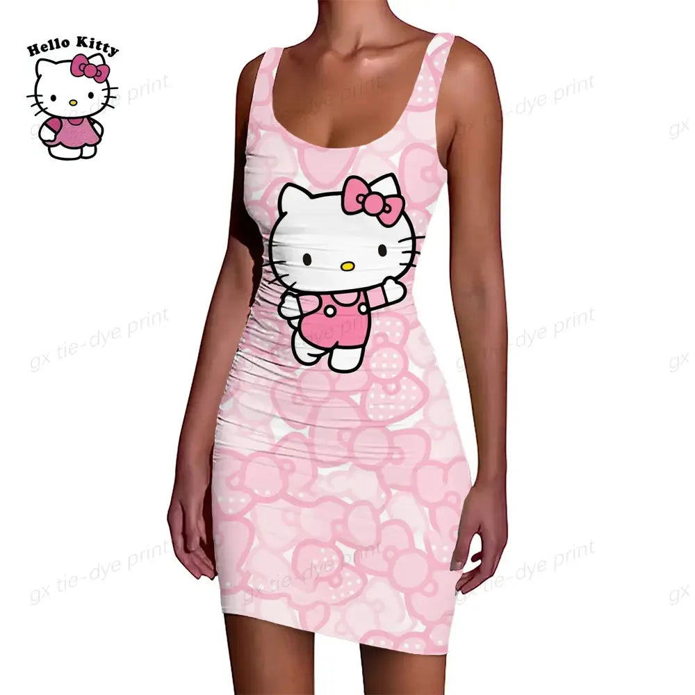 Hello Kitty Print Ruffle O-Neck Short Club Bodycon Dress - Browsglamour