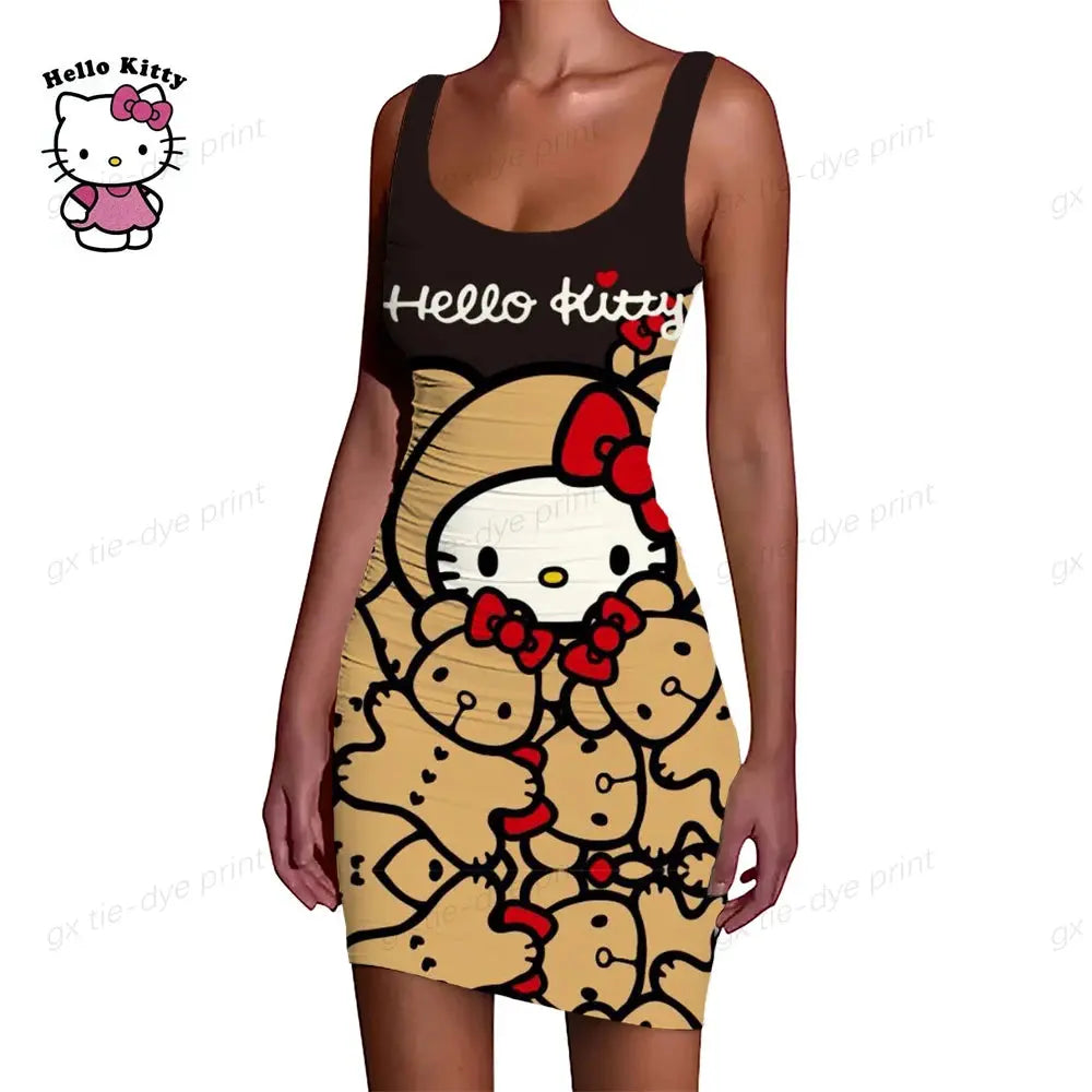 Hello Kitty Print Ruffle O-Neck Short Club Bodycon Dress - Browsglamour