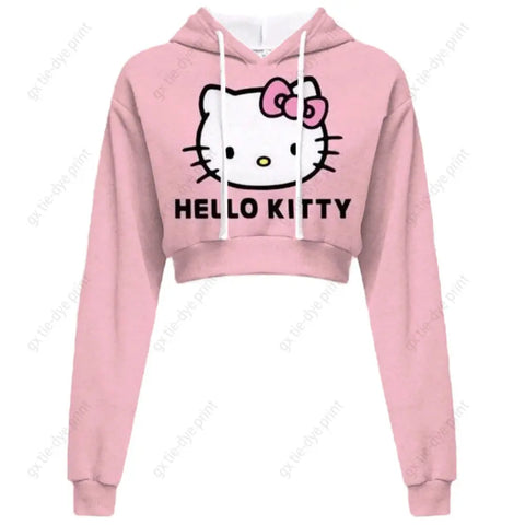 Hello Kitty Print short, hooded Cropped Sweatshirts - Browsglamour