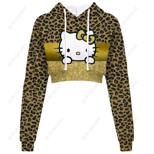 Hello Kitty Print short, hooded Cropped Sweatshirts - Browsglamour