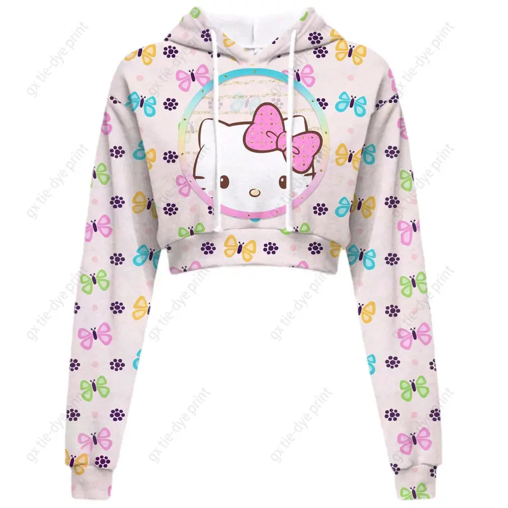 Hello Kitty Print short, hooded Cropped Sweatshirts - Browsglamour