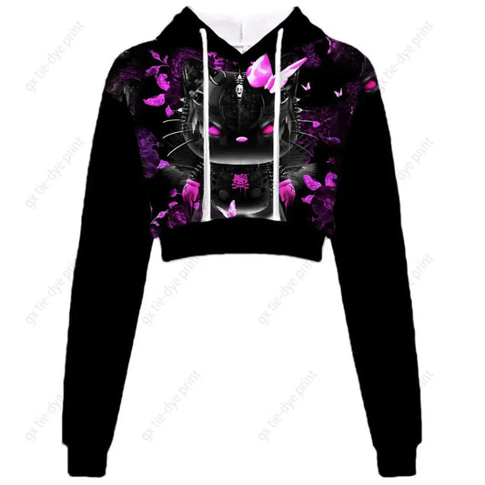 Hello Kitty Print short, hooded Cropped Sweatshirts - Browsglamour