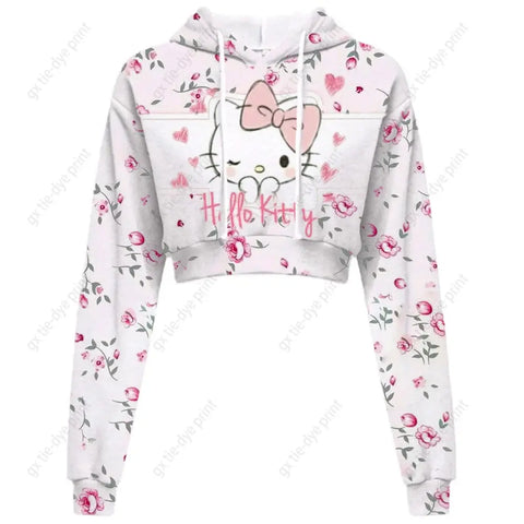 Hello Kitty Print short, hooded Cropped Sweatshirts - Browsglamour