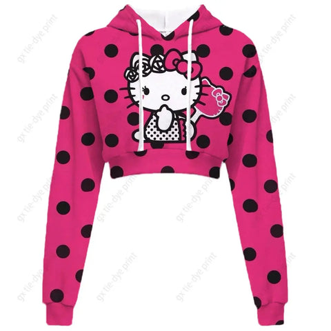 Hello Kitty Print short, hooded Cropped Sweatshirts - Browsglamour