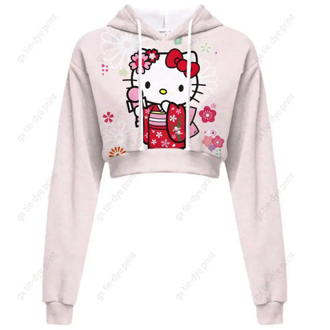 Hello Kitty Print short, hooded Cropped Sweatshirts - Browsglamour