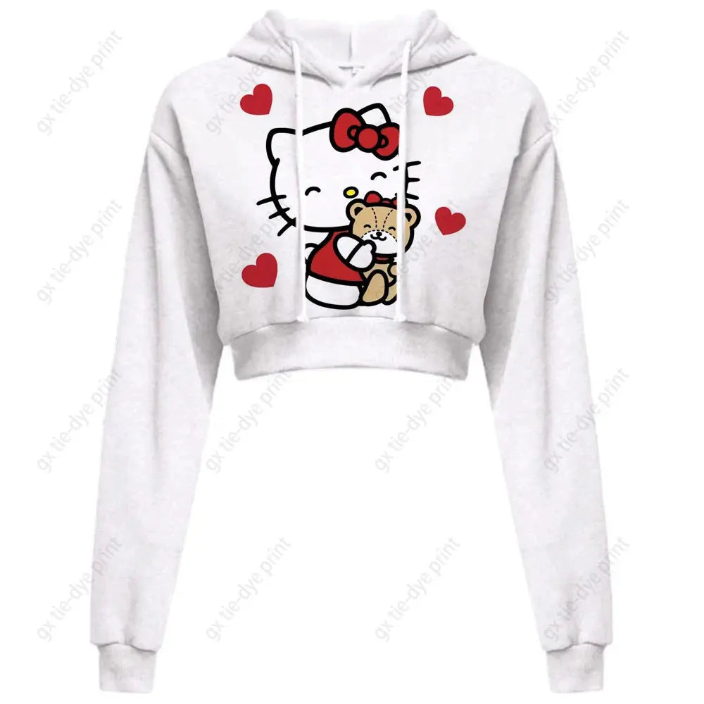 Hello Kitty Print short, hooded Cropped Sweatshirts - Browsglamour