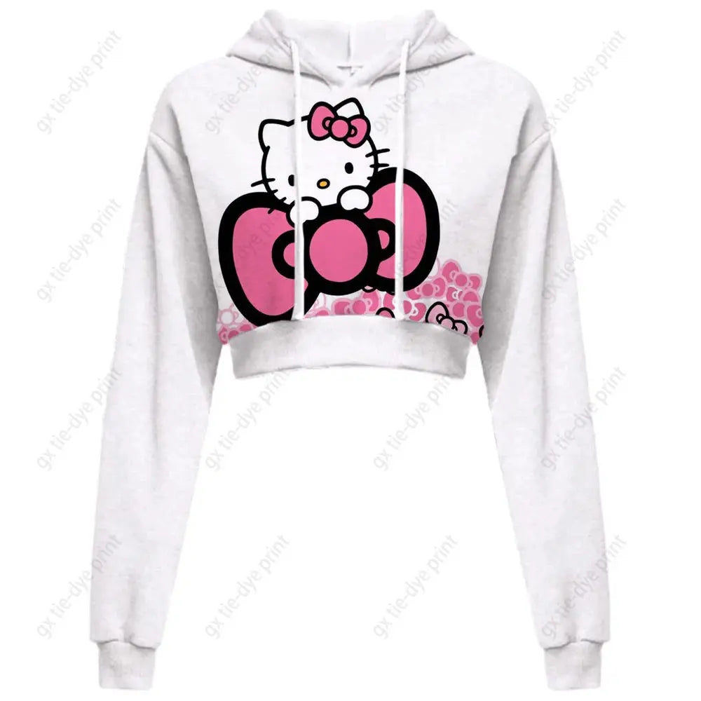 Hello Kitty Print short, hooded Cropped Sweatshirts - Browsglamour