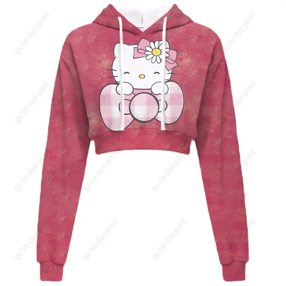 Hello Kitty Print short, hooded Cropped Sweatshirts - Browsglamour