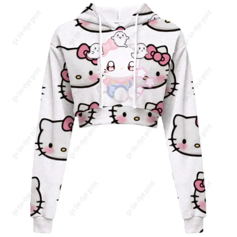 Hello Kitty Print short, hooded Cropped Sweatshirts - Browsglamour