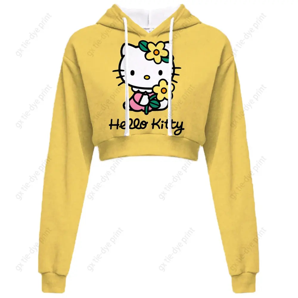 Hello Kitty Print short, hooded Cropped Sweatshirts - Browsglamour