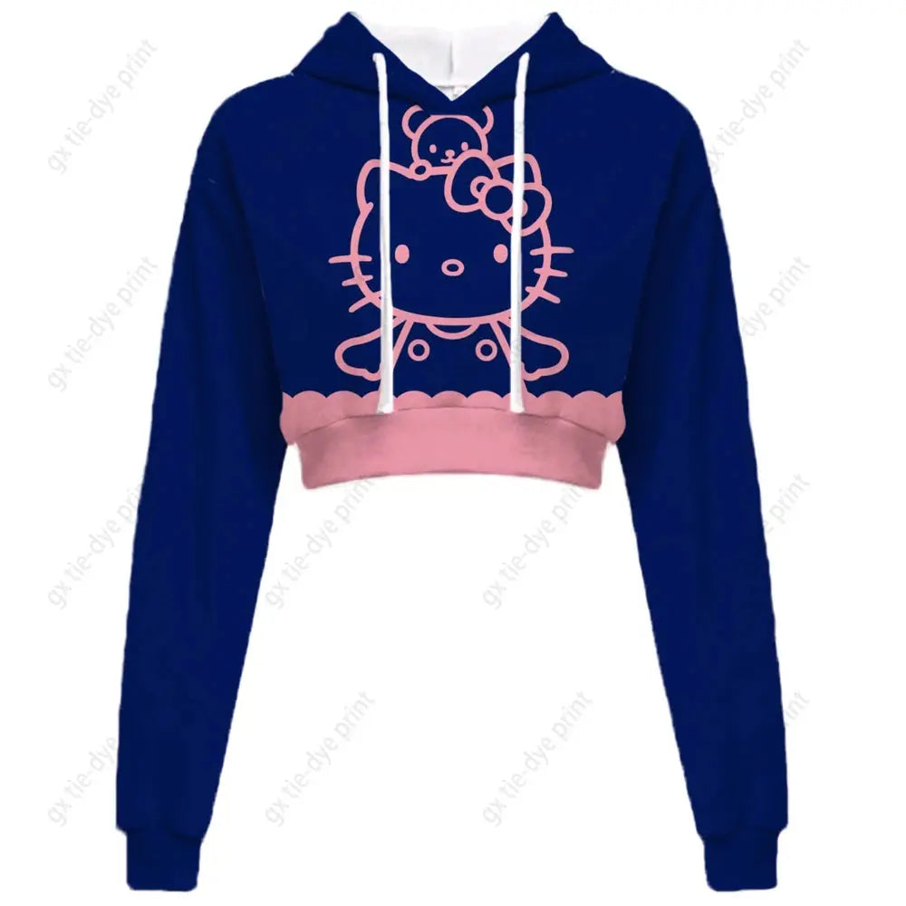 Hello Kitty Print short, hooded Cropped Sweatshirts - Browsglamour