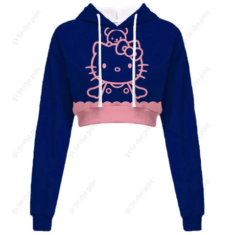 Hello Kitty Print short, hooded Cropped Sweatshirts - Browsglamour