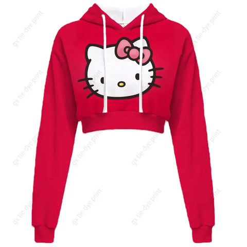 Hello Kitty Print short, hooded Cropped Sweatshirts - Browsglamour