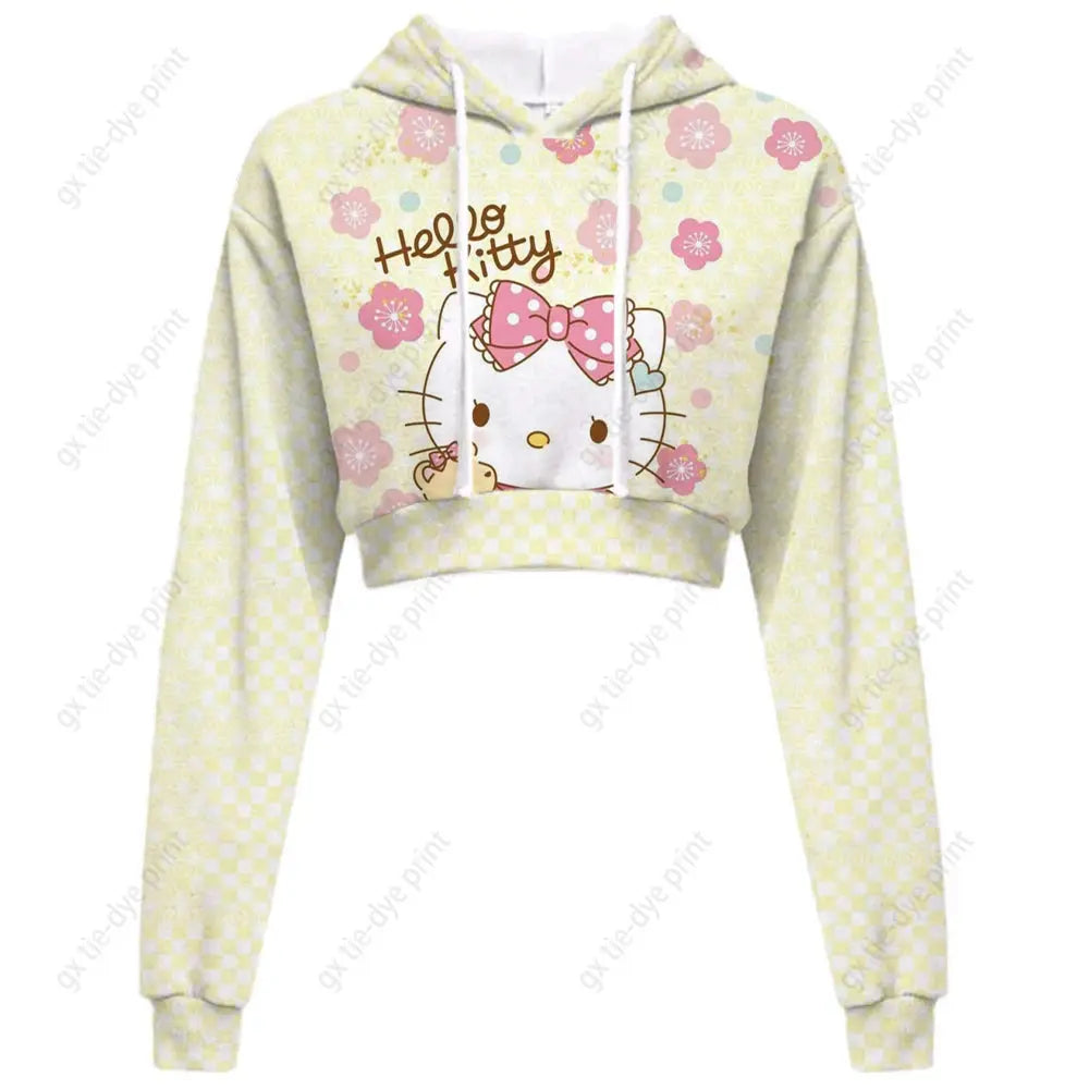 Hello Kitty Print short, hooded Cropped Sweatshirts - Browsglamour